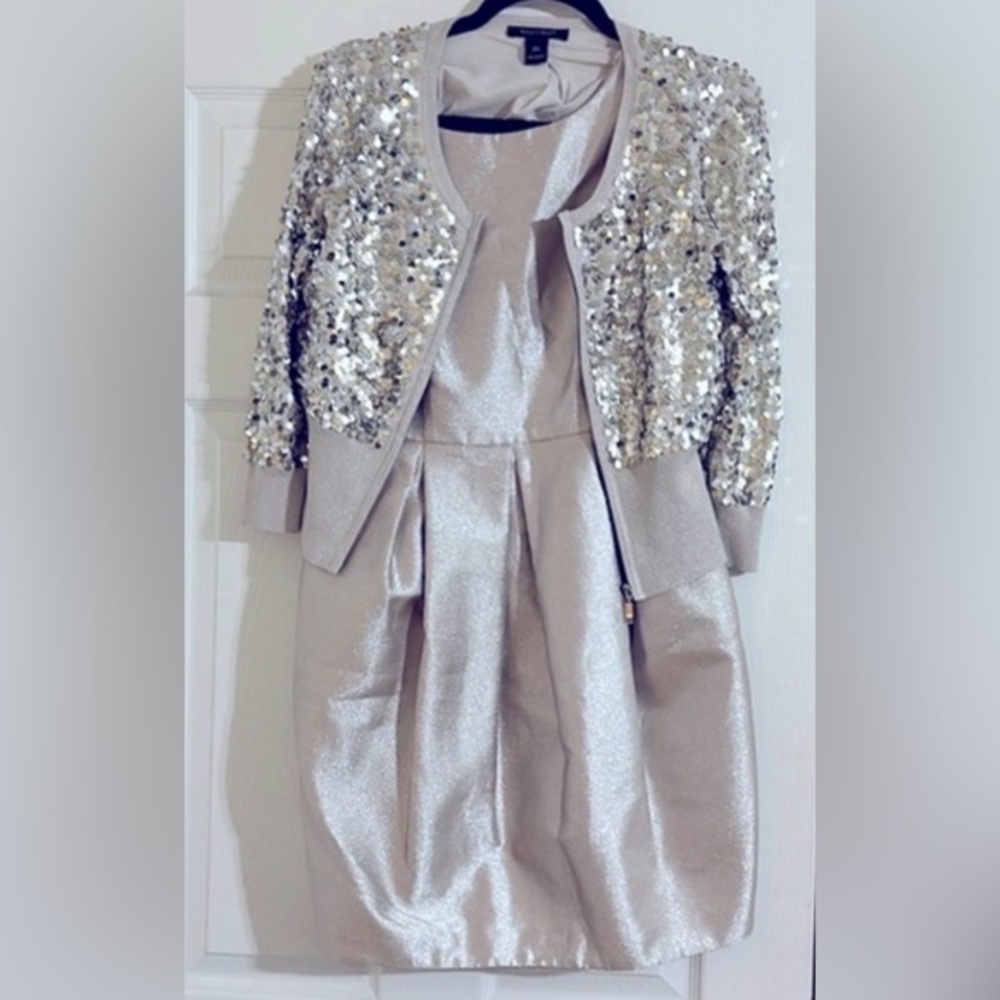 Silver Sequin Jacket & Shimmer Dress Set metallic cardigan midi dress